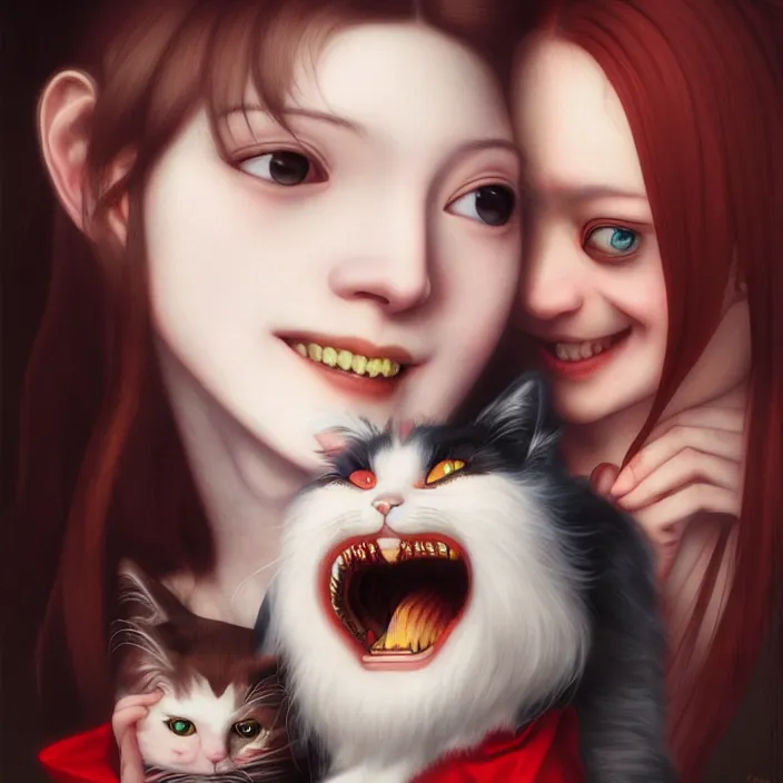 Image similar to renaissance portrait of the mischievous vampire girl loner smiling at her cat, by katsuhiro otomo, and artgerm rendered with 3 d effect.