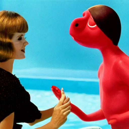 Image similar to a woman and her friend, an anthropomorphic nostril in a swimming pool, live-action children's television show, 1974, technicolor