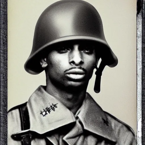 Image similar to playboi carti as a german world war ii soldier captured on a old camera 4 k detailed super realistic