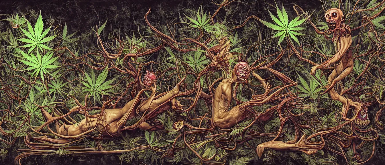 Image similar to cannabis paranoia, nightmare anomalies, venus flytrap by dariusz zawadzki, kenneth blom, mental alchemy, james jean, pablo amaringo, naudline pierre, contemporary art, hyper detailed