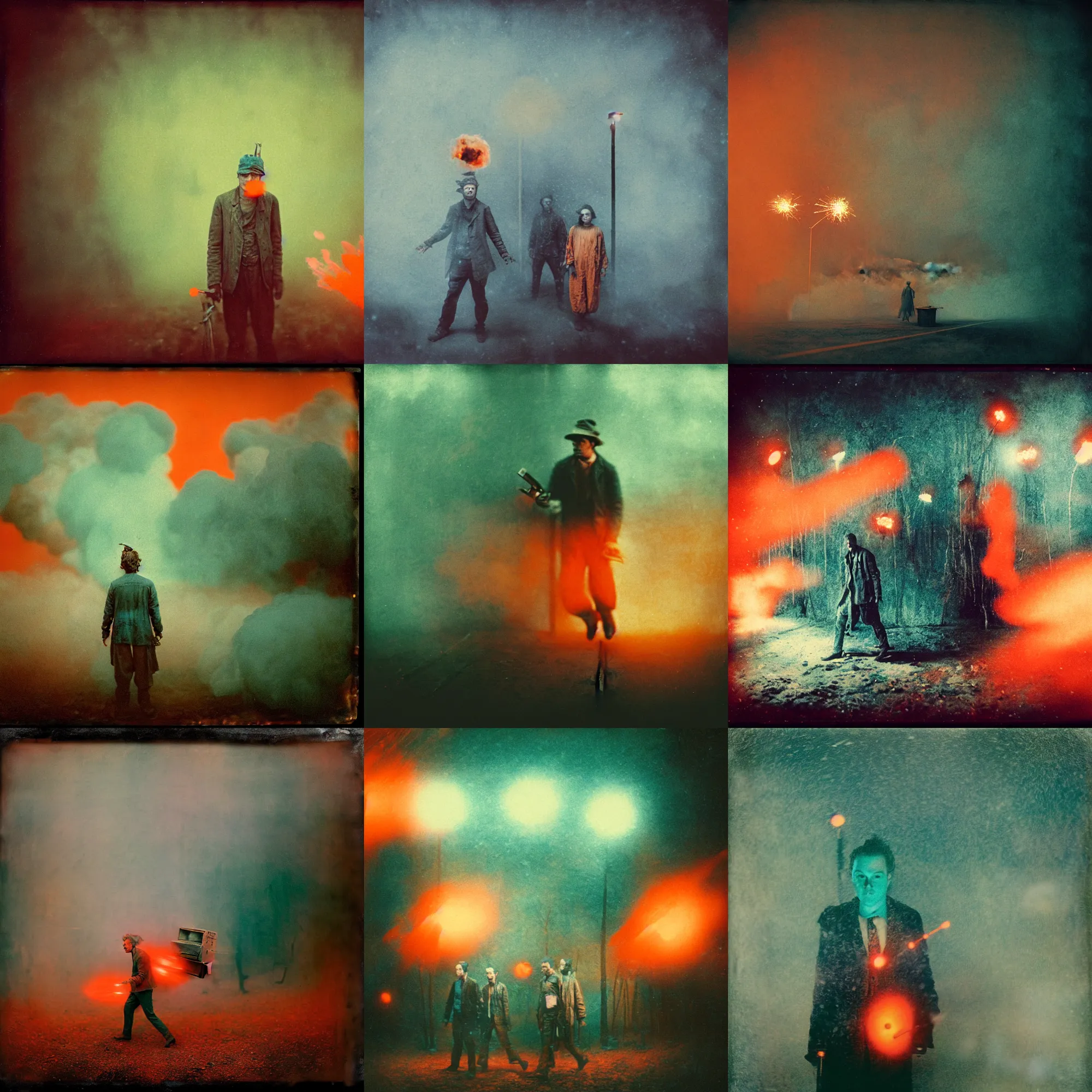 Prompt: kodak portra 4 0 0, wetplate, muted colours, orange and teal, the walking dead, 1 9 1 0 s style, motion blur, portrait photo of a backdrop, explosions, rockets, bombs, sparkling, snow, fog, by georges melies and by britt marling