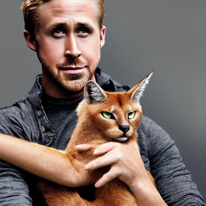 Image similar to Ryan Gosling holds a caracal cat in his hands, ultra highly detailed, smooth, sharp focus, elegant, artstation