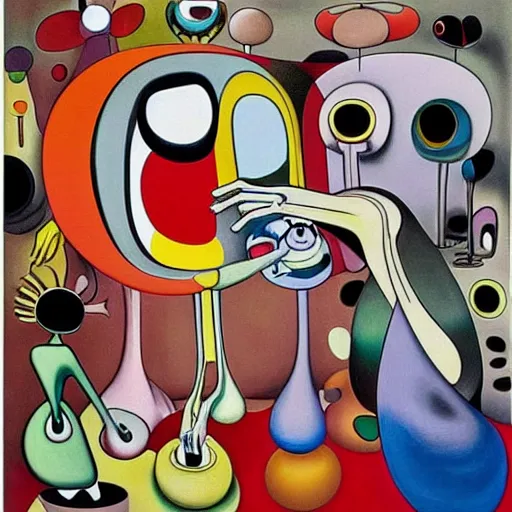 Image similar to Oil painting by Roberto Matta. Strange mechanical beings kissing. Portrait by Takashi Murakami. Yves Tanguy. Dali.