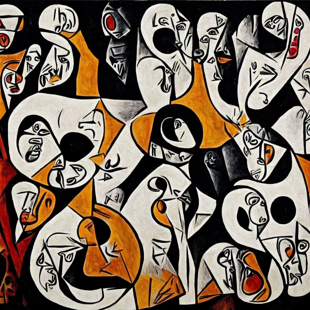 Prompt: the last supper iconic image in the style of picasso vs dali surreal yin yang symbol