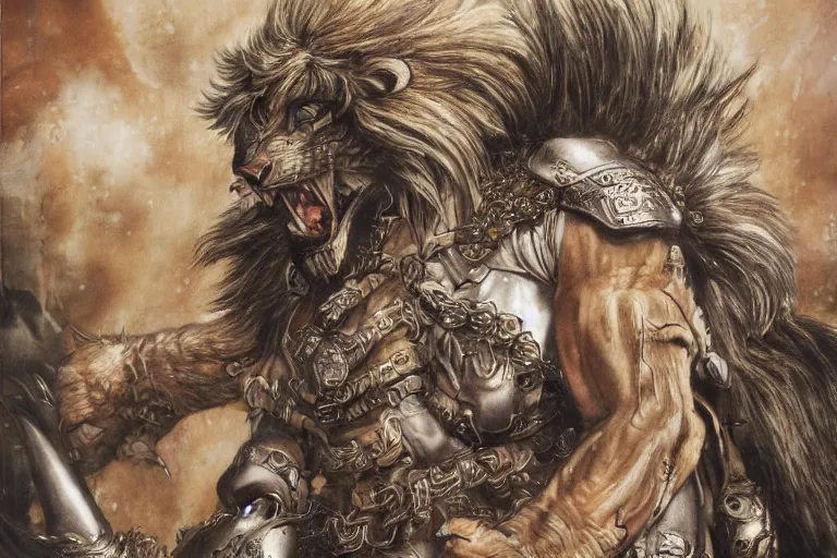 Image similar to 8k Yoshitaka Amano painting of upper body of a young cool looking lion beast-man at a medieval market at windy day. White mane, Depth of field. He is wearing complex fantasy armors. He has huge paws. Renaissance style lighting.