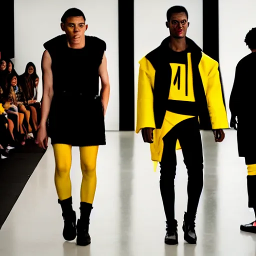 Image similar to brutalist fashion incorporating black and yellow, fashion show, studio lighting