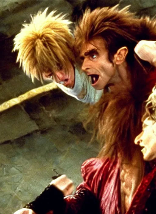 Prompt: a still from Labyrinth (1986) of Jareth intensely punching a goblin to death