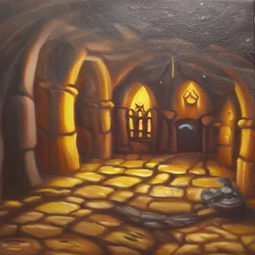 Prompt: oil on canvas painting of an underground dwarvern tavern
