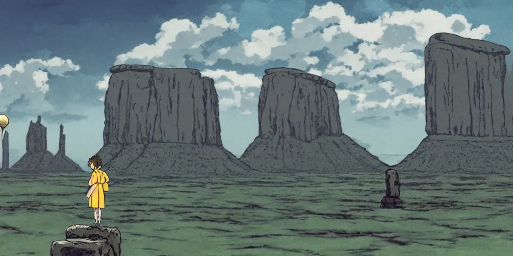 Image similar to a realistic cell - shaded studio ghibli concept art from paprika ( 2 0 0 6 ) of a flying intelligent dull mechanical octopus from close encounters of the third kind ( 1 9 7 7 ) in a flooded monument valley stonehenge. a monk in a robe is meditating in the foreground. very dull colors, wide shot, hd, 4 k, hq