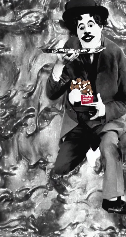 Prompt: movie still of a colourful charlie chaplin eating chocolate in front of a chocolate waterfall by roald dahl