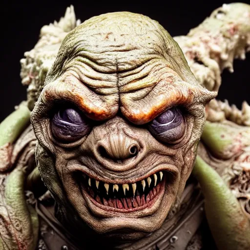 Image similar to photo taken of an epic intricate, ultra detailed, super realistic gritty, terrifying, lifelike sculpture of practical slimer ghost from created for ghostbuster but created by weta workshop, zoomed in shots, photorealistic, sharp focus, cold colour temperture, f 0. 4, face centred