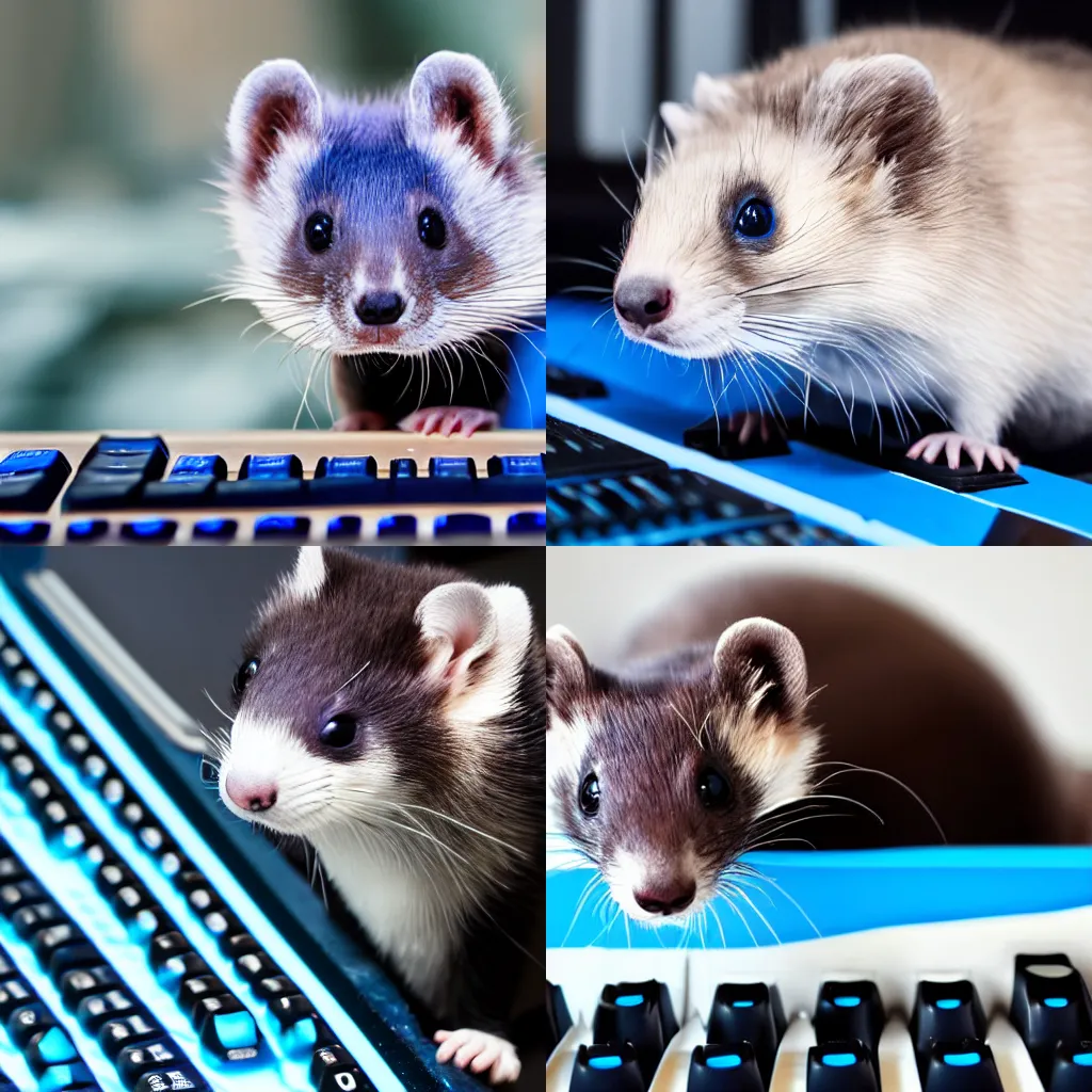 Prompt: Blue colored ferret typing on a keyboard, professional photography 4k picture