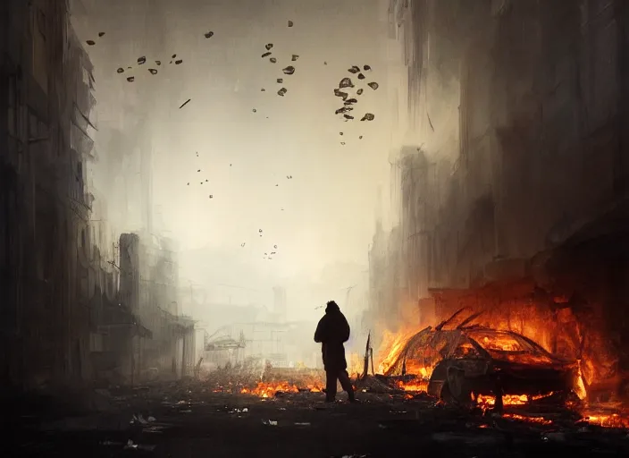 Prompt: the silhouette of a sad man looks at the destroyed and burning world, sheets of paper books fly around volumetric lighting, digital painting, highly detailed, artstation, sharp focus, illustration, concept art, ruan jia, steve mccurry, amazing composition