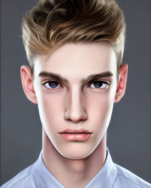 Prompt: portrait of 1 5 - year - old boy, a tall, slender boy with a pale, pointed face, sleek blond hair, and ice grey eyes, wearing in shirt, hyper realistic face, beautiful eyes, character art, art by mark brooks, trending on artstation, digital art