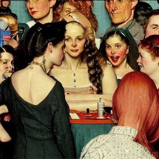 Prompt: A synthetic woman meets others for the first time, by Norman Rockwell.