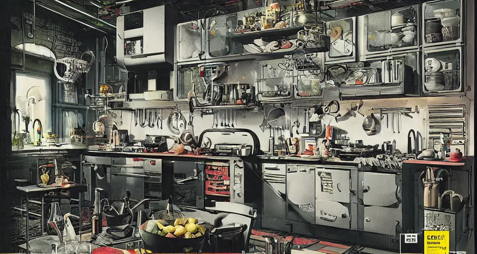 Image similar to IKEA catalogue photo of a cyberpunk kitchen on a spaceship, by Ravi Zupa