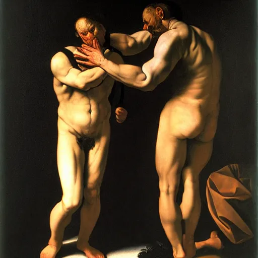 Prompt: man meeting the devil by Caravaggio