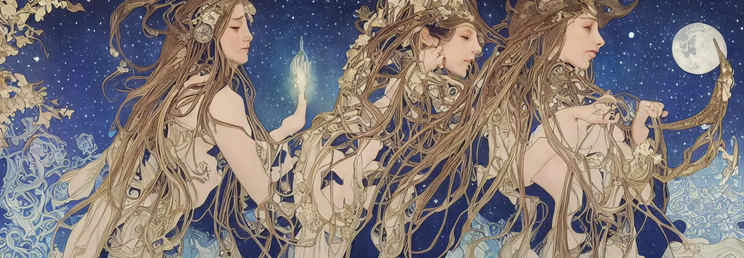 Image similar to cloaked dark winter night, awardwinning art by sana takeda and artgerm and alphonse mucha, conceptual volumetric realism, astronomical star constellations and watch gears, traditional moon, candle, tattoo, maiden and fool and crone, ultramarine blue and gold