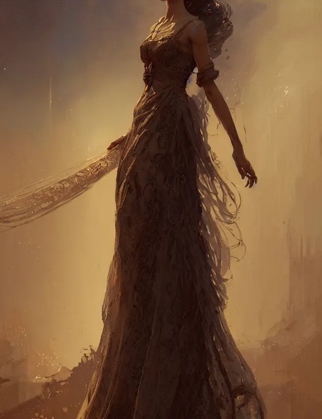 Image similar to portrait of a lady in a long dress, concept art, intricate details, very detailed works by greg rutkowski, gaston bussiere, craig mullins, simon beasley