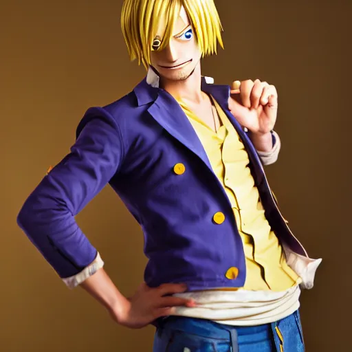 Image similar to A full portrait photo of real-life sanji one piece, f/22, 35mm, 2700K, lighting.