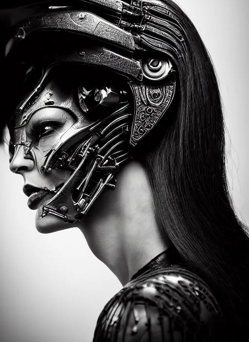 Prompt: a profile portrait, a stunning young woman - cyborg with a mutant crow head, editorial photography, bw, by roman sustov, by hr giger, shot on 5 0 mm, depth of field, f / 2. 8, high contrast, 1 6 k, volumetric lighting, shiny, insanely detailed and intricate, hypermaximalist, elegant, ornate