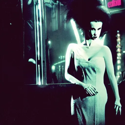 Image similar to cinematic portrait of bride of frankenstein as a replicant in a busy nightclub, frightened and angry, still from the movie bladerunner, fashion photography, a neon sign is in the background
