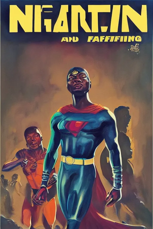 Image similar to nigerian superhero, an ultrafine detailed painting by john philip falter, austin briggs, cg society, american scene painting, dystopian art, american realism, academic art, movie poster, poster design, concert poster