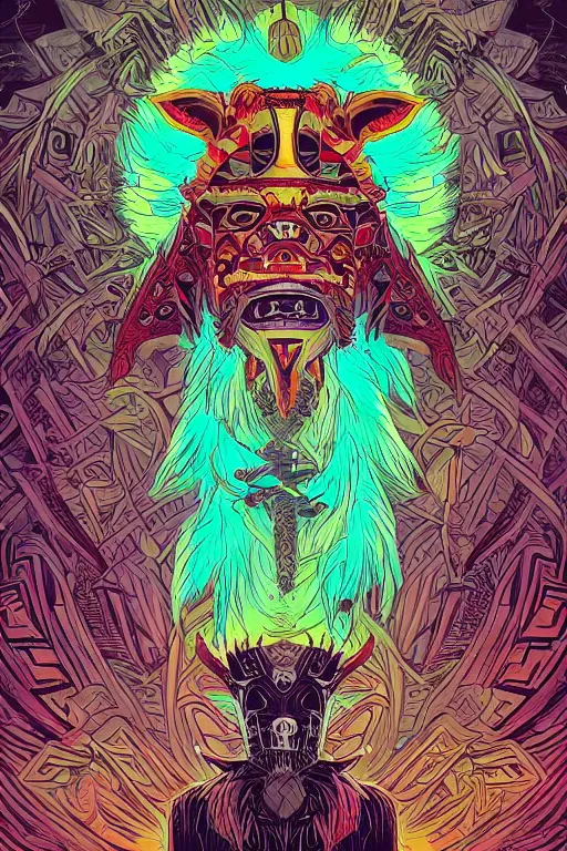 Image similar to totem animal tribal chaman vodoo mask feather gemstone plant video game illustration vivid color borderlands and by feng zhu and loish and laurie greasley, victo ngai, andreas rocha, john harris radiating a glowing aura