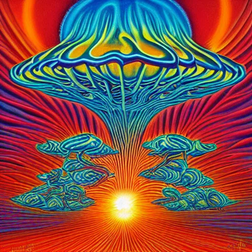 Image similar to 8 0 s new age album cover depicting a mushroom cloud in the shape of guy fieri, very peaceful mood, oil on canvas by alex grey