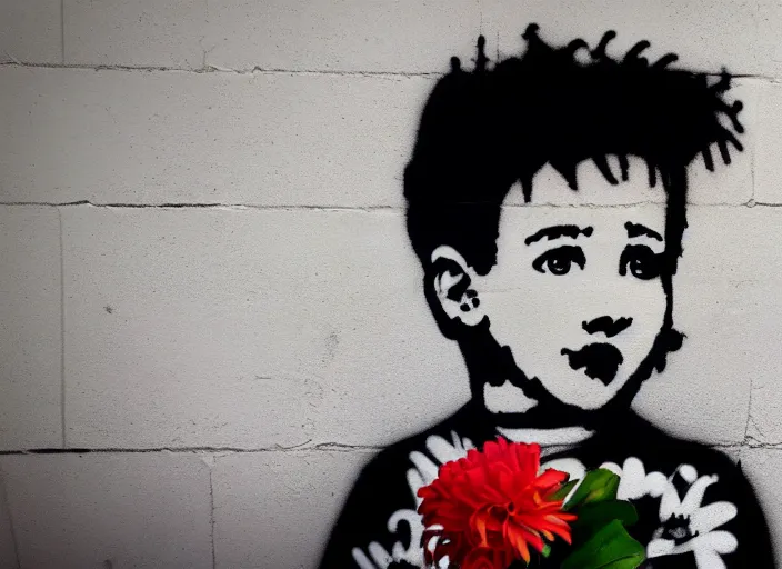 Prompt: a side profile of a black and white single boy holding colourful flowers in the style of Banksy on a white concrete background, graffiti, digital art