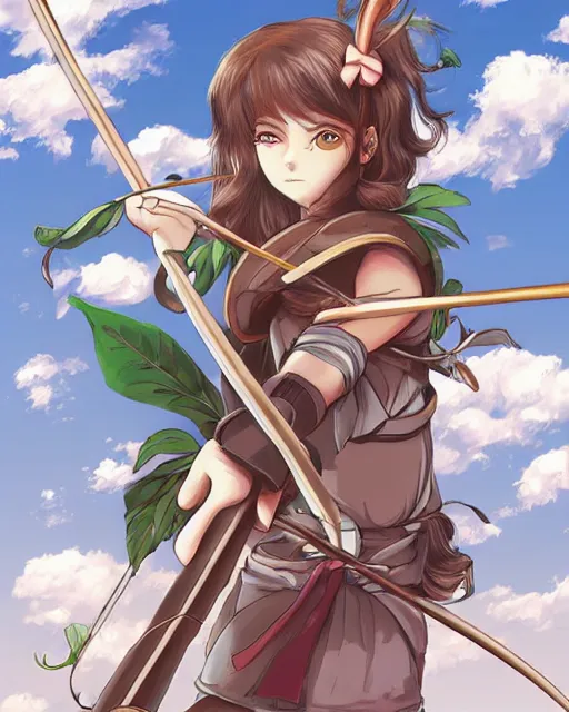 Prompt: illustration of a brown short hair anime girl with green eyes wielding a bow and arrow in the style of studio ghibli, ayami kojima, and 90's anime, realistic shaded perfect face, fine details. Anime