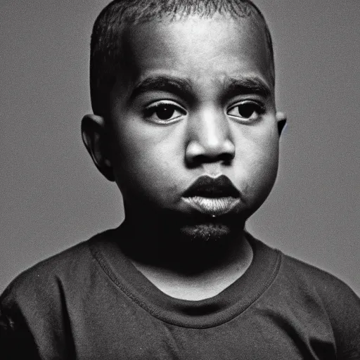 Image similar to the face of young kanye west wearing yeezy clothing at 3. 2 years old, black and white portrait by julia cameron, chiaroscuro lighting, shallow depth of field, 8 0 mm, f 1. 8