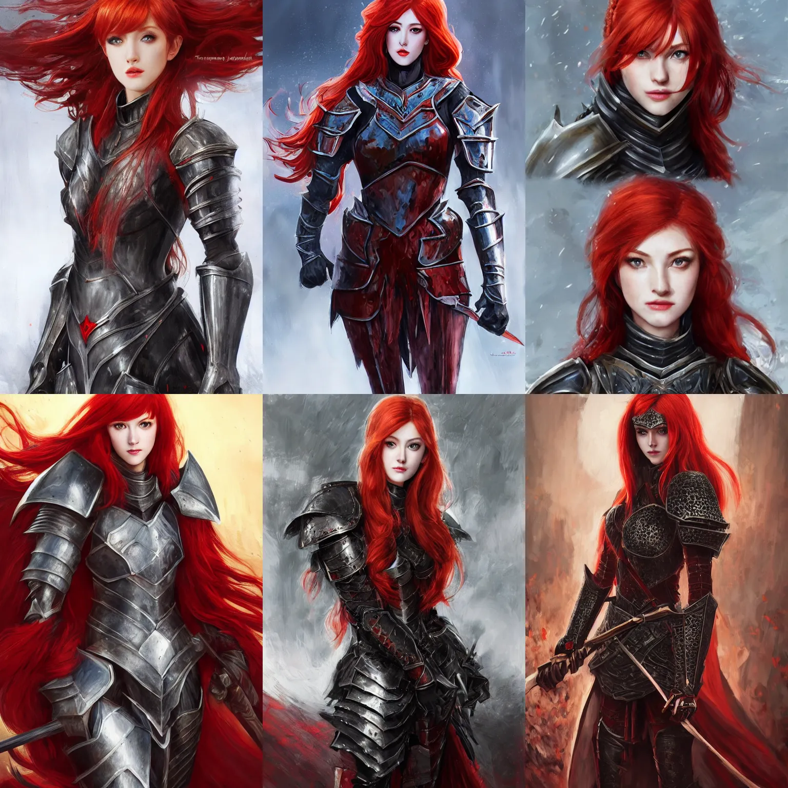 Prompt: Katherine McNamara as a Knight, Black and Red plate armor, high fantasy, no helmet, alluring, redhead, realistic, by Leng Jun, by Frank Franzzeta, trending on Artstation, artstationHD, artstationHQ, cgsociety, deviantart