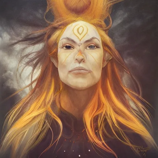 Image similar to painting of brigitte from overwatch in the style of agostino arrivabene