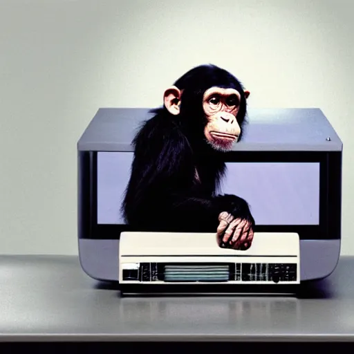 Image similar to chimp sitting at a desk with a crt monitor 📷