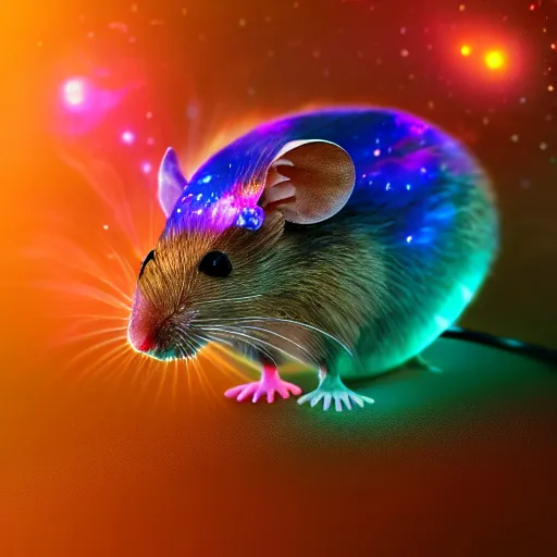 Prompt: mouse eating a computer chip, by wlop, photorealism, stunning, ornate, royally decorated, organic, growth, whirling gasses, glowing particles, refractive adornments, colorful torn nebulas, radiant vibrant colors