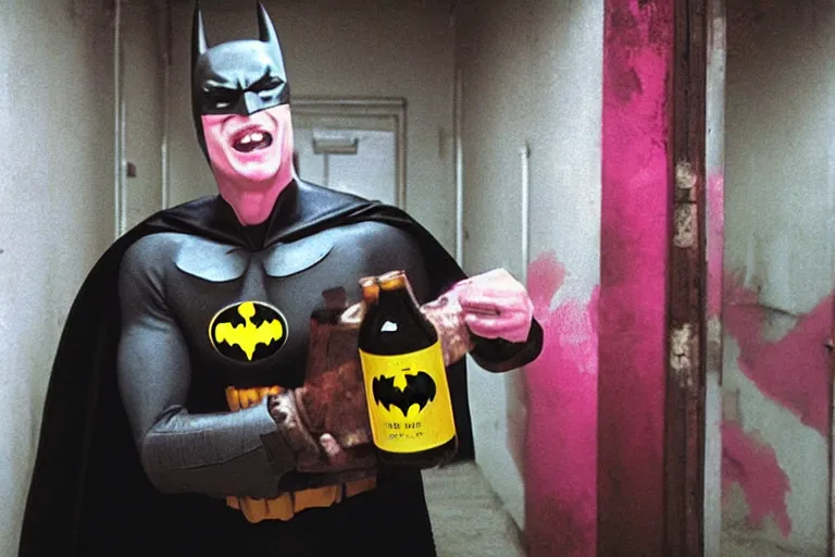 Image similar to michael keaton batman covered in beer wearing pink apron wielding an axe, chasing through old brown decrepit hallway, creepy smile, atmospheric eerie lighting, photorealistic face, dim lighting, bodycam footage, motion blur, photograph