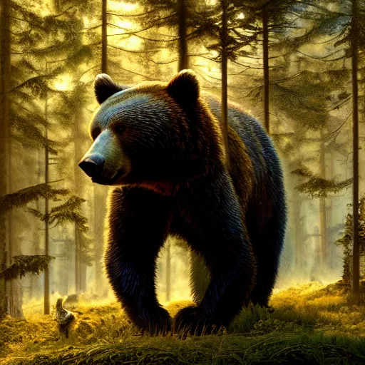 Image similar to wild bear in the forest, realistic, tone mapping, akihiko yoshida, james jean, andrei riabovitchev, marc simonetti, digital illustration, greg rutowski, high key lighting, volumetric lighting, digital art, highly detailed, intricate, ornate, complex, octane render