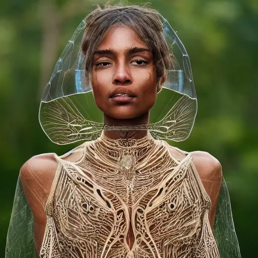 Image similar to brown woman wearing a translucent dragonfly armor. intricate. super detailed. layered. textured. award winning. dispersion of light. refracted lighting. soft. fragile.