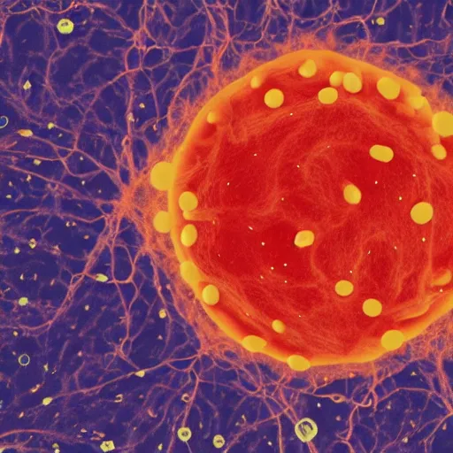 Image similar to a microscopy image showing a cell with a normal nucleus and one cell with an abnormal stained nucleus, confocal miscroscopy, paper, cell journal, cell biology, nature journal, science