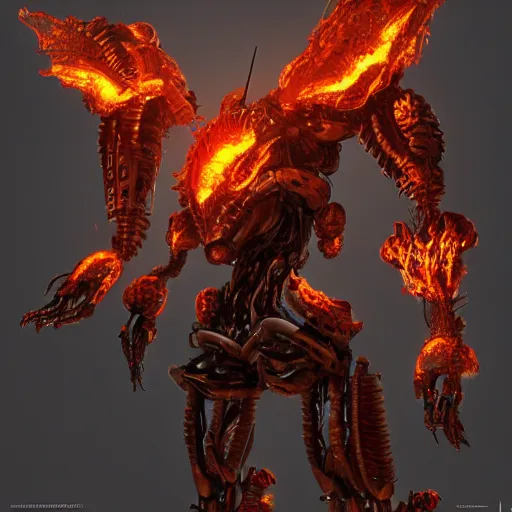 Image similar to an inferno mech from hell, au naturel, hyper detailed, digital art, trending in artstation, cinematic lighting, studio quality, smooth render, unreal engine 5 rendered, octane rendered, art style by klimt and nixeu and ian sprigger and wlop and krenz cushart