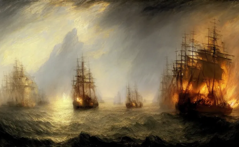 Image similar to epic naval battle, pirate galleons. by artstation trending, by joseph mallord william turner, luis royo, konstantin razumov, cinematic lighting, fractal flame, highly detailed