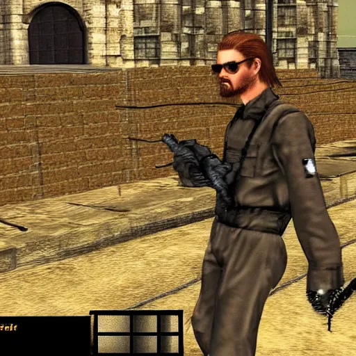 Prompt: a screenshot of german guy with very long chestnut! hair, with glasses and goatee, in metal gear solid ps 1 game