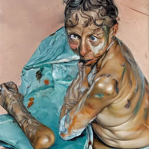 Image similar to high quality high detail painting by lucian freud and jenny saville, hd, crazy, turquoise