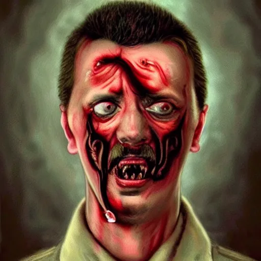 Image similar to igor ivanovich strelkov became an aggressive bloody lovecraftian degenerate abomination, photo - realistic, color image, 2 k, highly detailed, bodyhorror, occult art