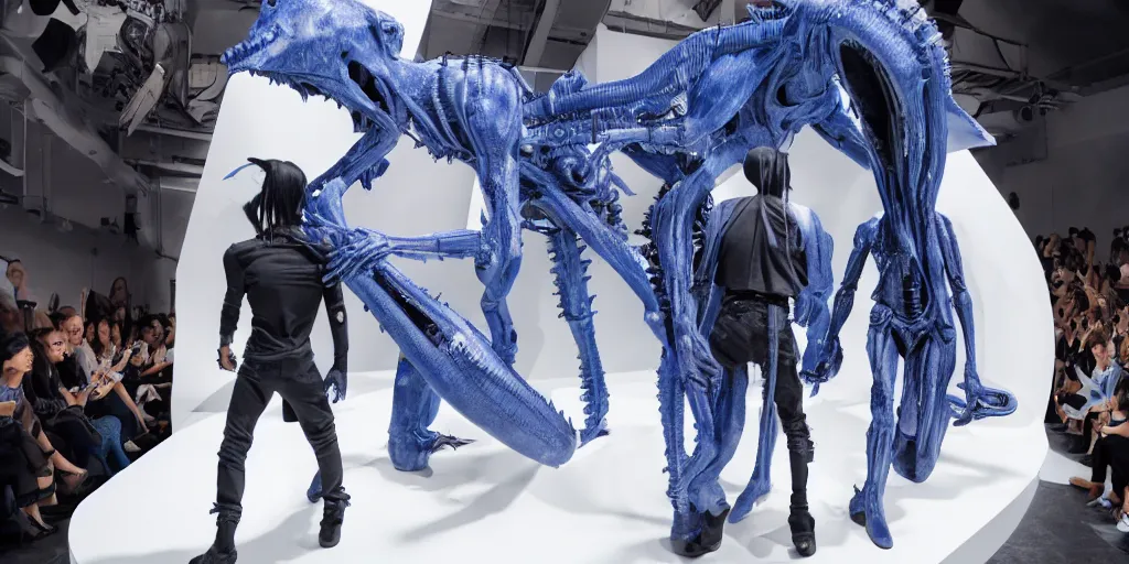 Prompt: blue human with rick owens iron spikes xenomorph figure with an emoji head in 3d is jumping in a runway fashion show, realistic photography paparazzi by Nick Knight and Luis Royo