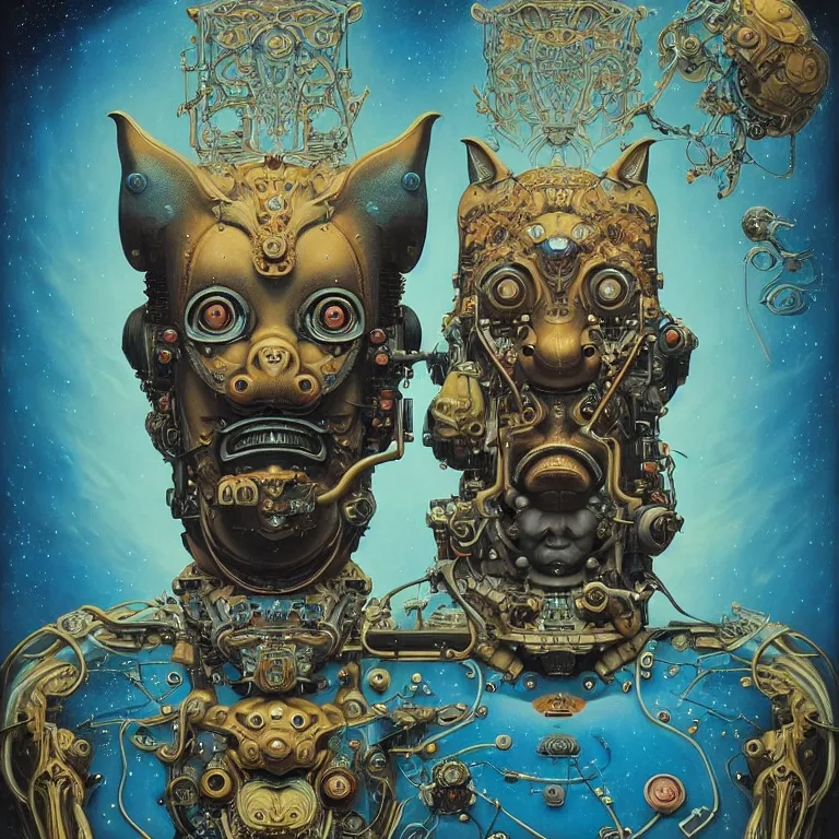 Prompt: simple single joyous hybrid fox and robot face, reaching nirvana, goofy, silly, dmt, large metal mustache, muted colors, benevolent, nebula background, glowing eyes, detailed realistic surreal retro robot in full regal attire. face portrait. art nouveau, visionary, baroque, giant fractal details. vertical symmetry by zdzisław beksinski, highly detailed, realistic