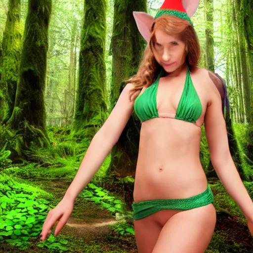 Prompt: a elf in a bikini in a fairy tale forest