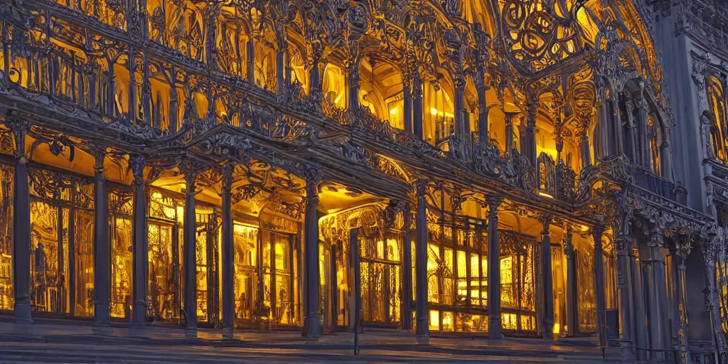 Image similar to extremely detailed ornate stunning sophisticated beautiful elegant victorian museum exterior by Henry Young Darracott Scott and Francis Fowke, stunning volumetric light, stainless steal, concrete, translucent material, beautiful sunset, tail lights