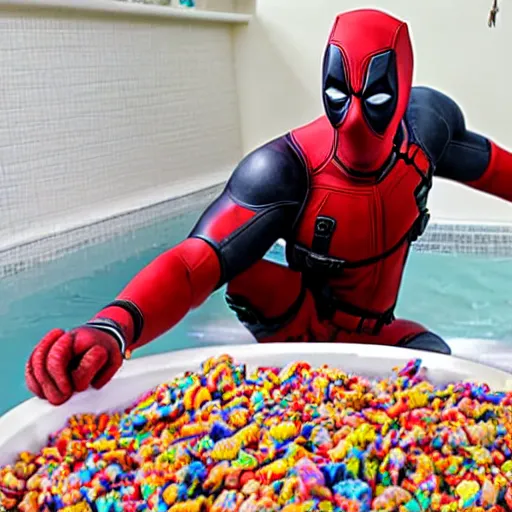 Image similar to Deadpool at home swimming in a bathtub full of fruity pebbles cereal